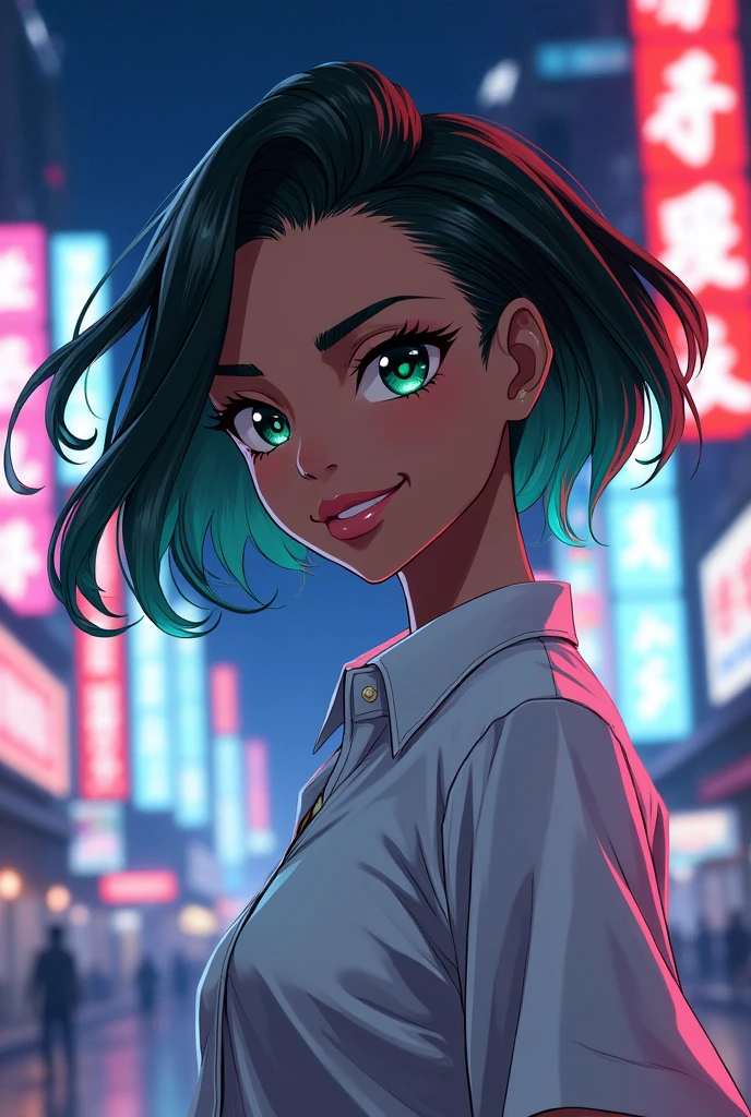 Make me an anime image, panel, tokyo revengers style: Kizi, skin black, greeneyes, Bblack hair, slickedback hair, hair green tips, white blouse clothes, make her smile in a city at night with wind elect