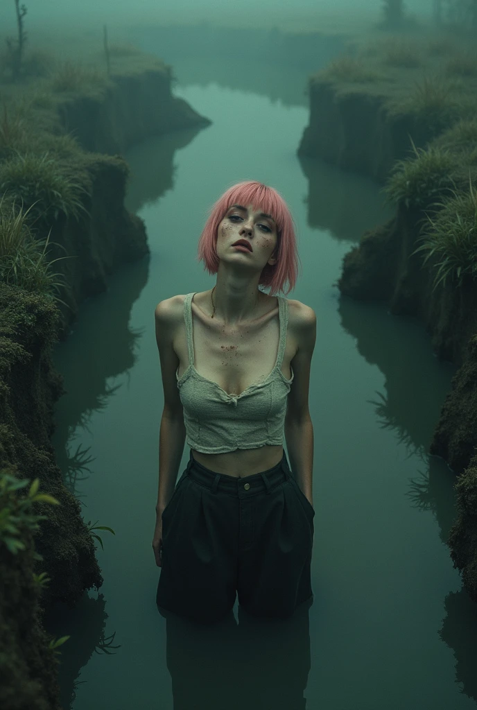 (best quality,High resolution,​masterpiece, overhead view:1.20),Ultra-detail,The woman,Wide flared trousers with jeans,sickly,Drowning in the swamp, (flirts darkly at the bottom of a mud pit:1.2),gloomy ecstasy,fetish,dark, Dark atmosphere,grainy texture,Retro atmosphere,Distorted reality,melancholic facial expression,mysterious aura,foggy atmosphere,Foggy background,Subtle color palette,provoking Pose,Strong emotions,Coming out of the depths of despair,piercing look,Intense Shadows,Immersed in darkness,rough terrain,Ominous mood,A supernatural sensation,Loss of place in time and space,eerie silence.asymmetrical bangs, freckles, pink short hair, bangs, freckles, gray eyes,