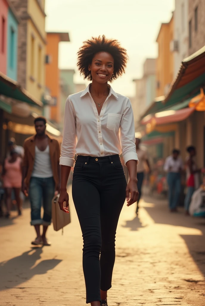An African American woman, dressed in a white shirt and black pants walking through the streets of Maputo.