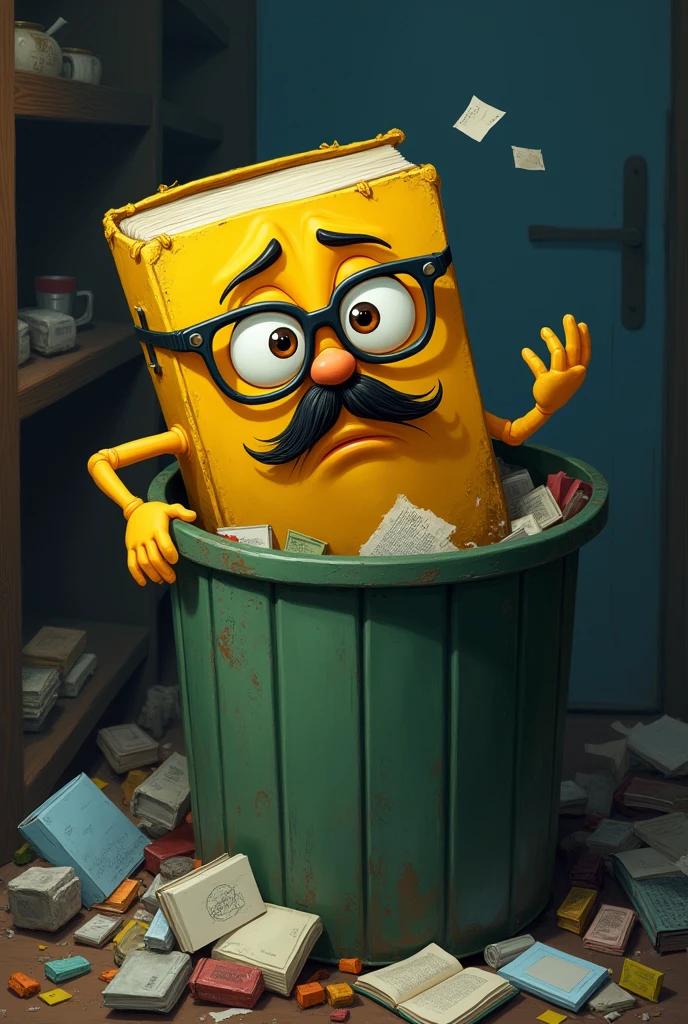 Create a pixar style image of a yellow book scene that has eyes, glasses, mustache and mouth that is inside a garbage can. And desperate because he can't get out no matter how hard he tries