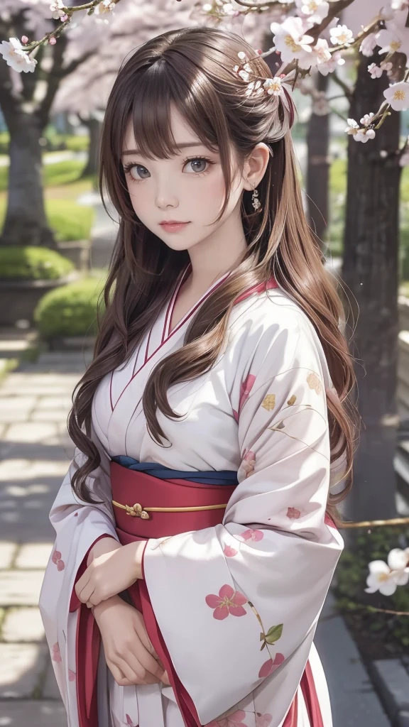 (kimono)、Japanese clothing、(highest quality,masterpiece:1.3,超A high resolution,),(Super detailed,caustics),(Photoreal:1.4,RAW shooting,)ultra-realistic capture,very detailed,High resolution 16K suitable for human skin、cute顔、16talent、baby face、 natural skin texture、anime style、Skin tone looks even and healthy、 Use natural light and color,one woman,Japanese,,cute,beautiful silky brown hair,middle hair,(Depth of written boundary、chromatic aberration、wide lighting range、natural shading、)、(hair swaying in the wind:1.3)、(Cherry tree in full bloom:1.3)、Yoshino cherry tree、The beautiful city of Kyoto
