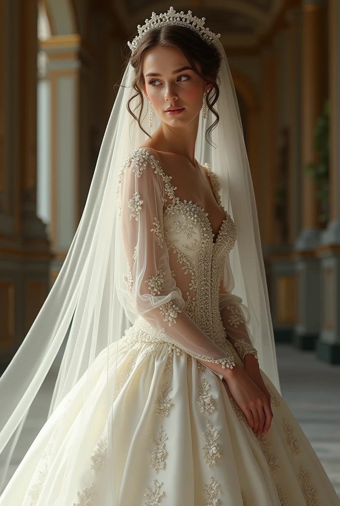European woman model with hairstyle and veil wearing long sleeve princess style wedding dress embroidered with pearls extremely luxurious.