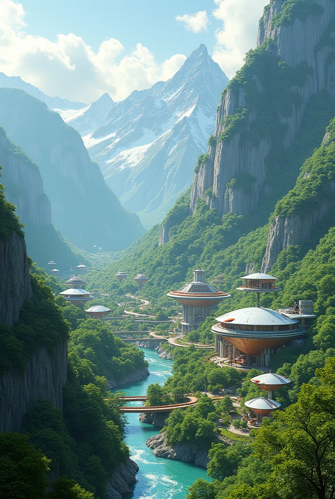 Create a futuristic image of a picturesque little town in the middle of the green mountains