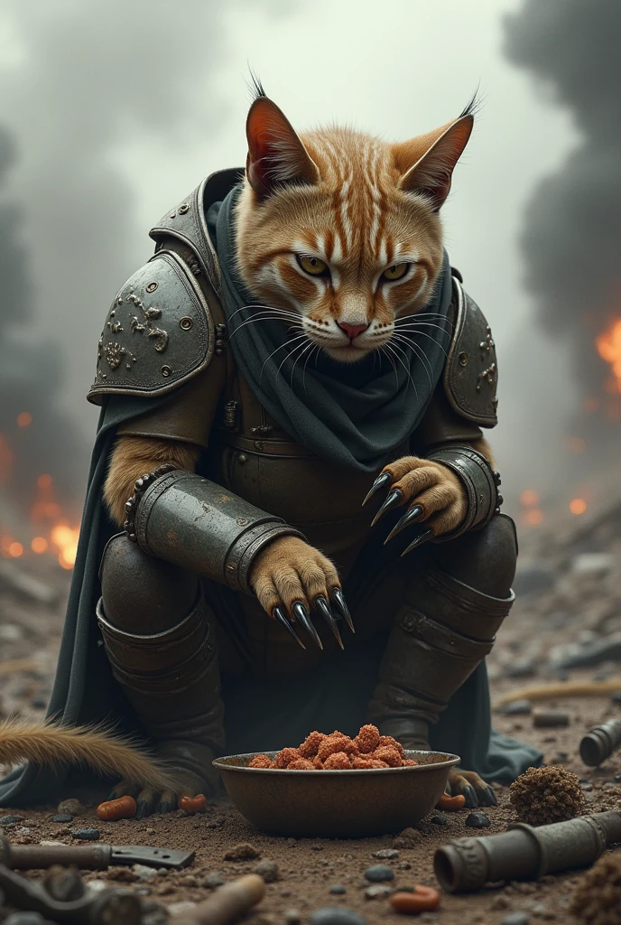 A soldier cat eating in the war