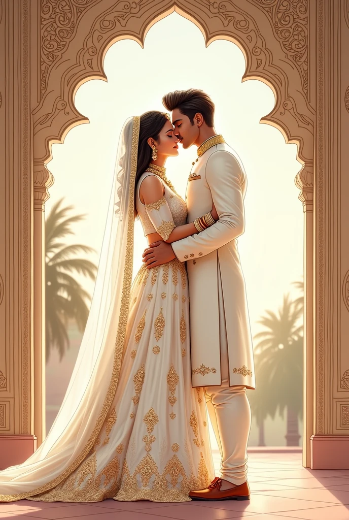 An illustration of couple embraces in a romantic pose, dressed in traditional attire. The woman wears a white  bridal  lehnga outfit with intricate designs, complemented by a flowing dupatta heavy jewellry and jhoomer 
. The man is in a classic white sherwani, exuding elegance. Their surroundings feature an ornate archway with detailed patterns, suggesting a cultural or festive setting. The overall atmosphere conveys love and celebration. Man kissing on women forehead. Both faces without feature drawing