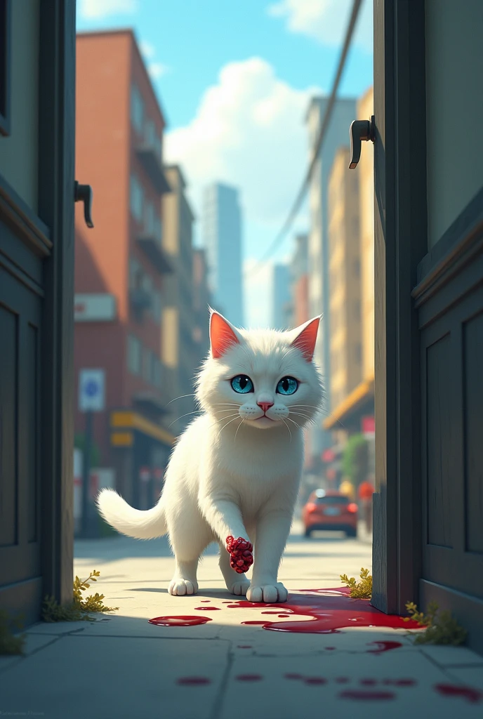 A white cat finding or arriving at a house in the city with a wounded paw