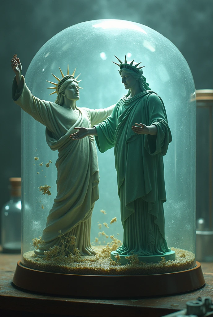Statue of liberty fighting to death Christ the redeemer inside a petri dish