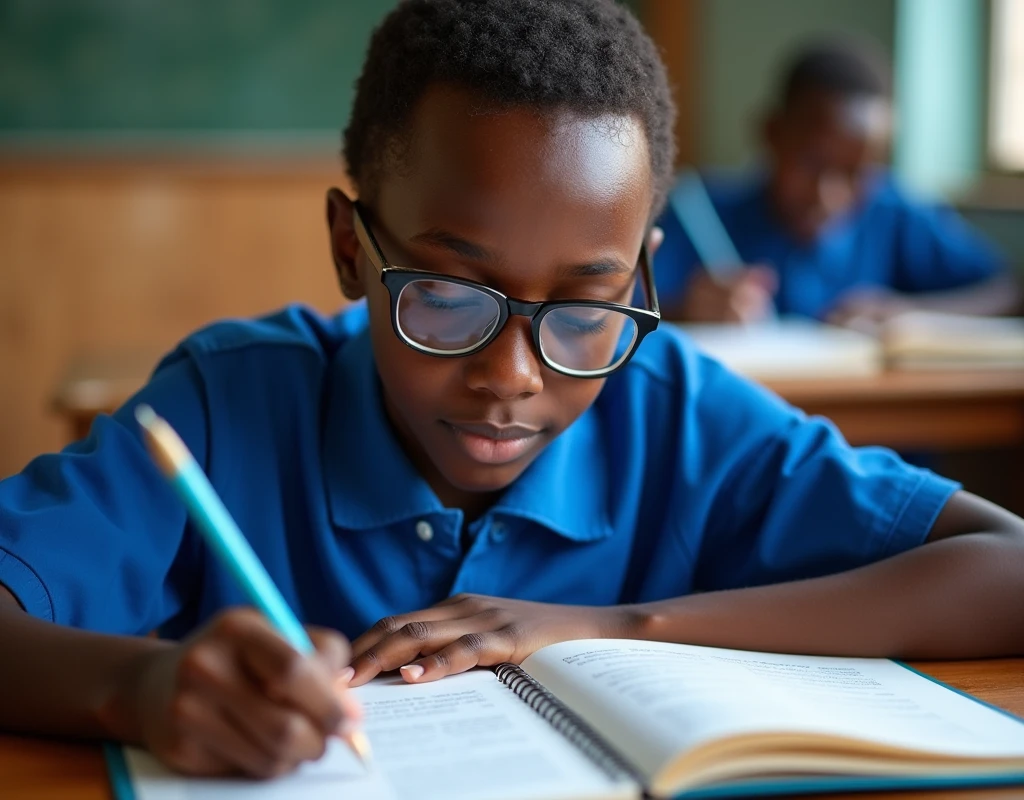 Developing cultural and intellectual skills, education according to the curricula prescribed for students , receiving information in the classroom, a close-up picture of a african student with glases wearing a blue uniform sitting on a school desk, performing school ignments