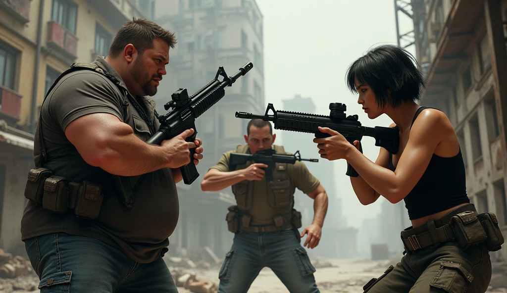 Chubby guy with a rifle Skinny guy with a pistol Woman with short hair with a rifle