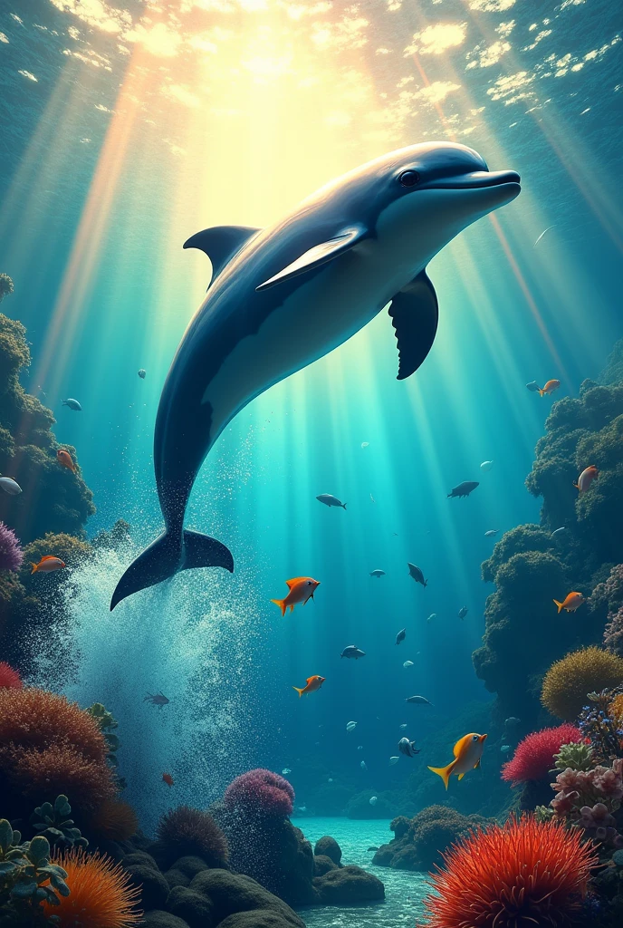 Make a dolphin coming out of the water with several fish species underwater and bright sun with rainbows and upward angle
