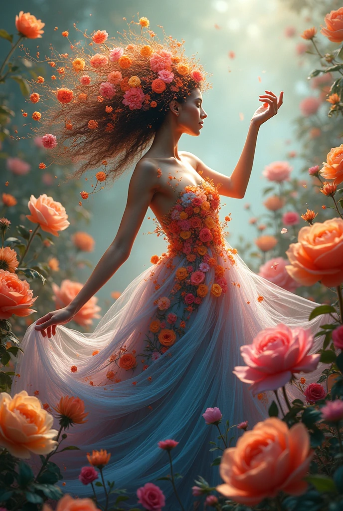 Generate beautiful flowers dancing image with lots of colours and styles like beautiful women