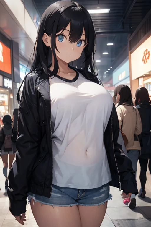 1 female, black long hair, fat body, ugly face, blue eyes, small eyes, large person, huge breast, thick legs, black jacket, short short, in mall