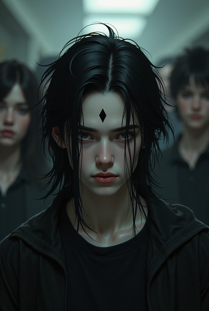A WHITE, , with long black hair, with bangs and a beauty mark above his mouth and looking like a teenager at school with his tough friends