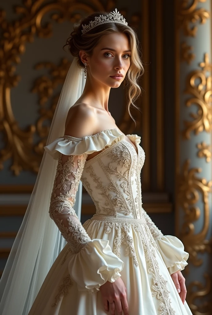 European woman model with hairstyle and veil wearing extremely luxurious baroque embroidered sleeve wedding dress.  
