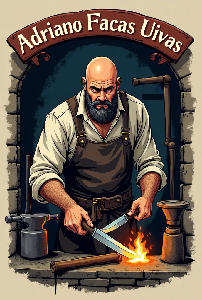 Create a logo with the words Adriano facas uvas a frente and an illustration of a black, bald blacksmith from the medieval period holding a knife and a hammer