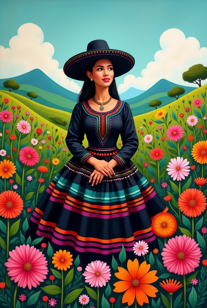 An image of a lady dressed as a chopcca(black dress with colored stripes and also a black hat with colored dots)   from Huancavelica who is in the countryside sitting surrounded by flowers of different types animated for a mural 
