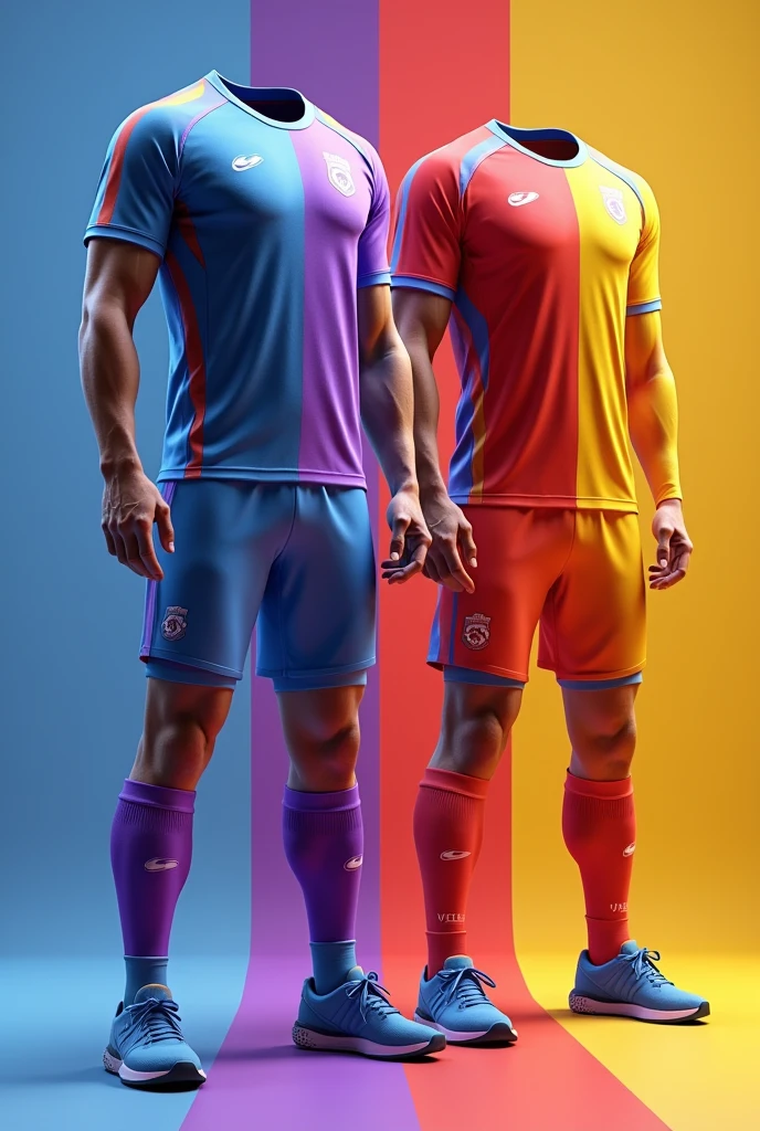 Make me a design of a team uniform where you contain the colors of light blue, purple, Red and yellow 