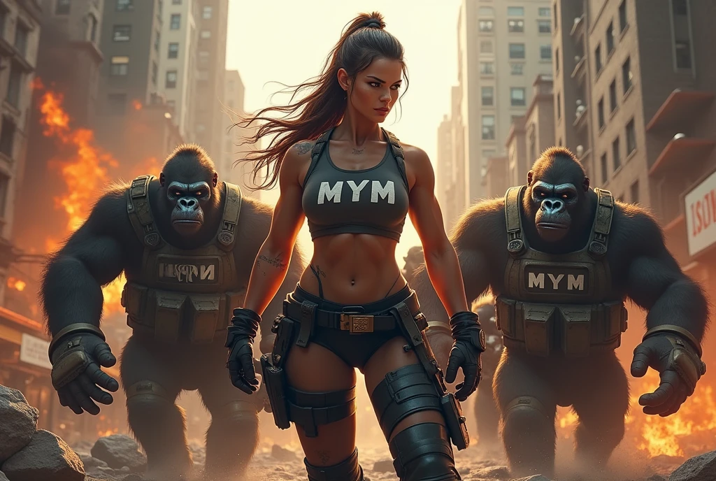 Female fighter  in a war-burning city MYM  on her chest. Being protected by a Gorilla army in tactical gear with MYM on their chest