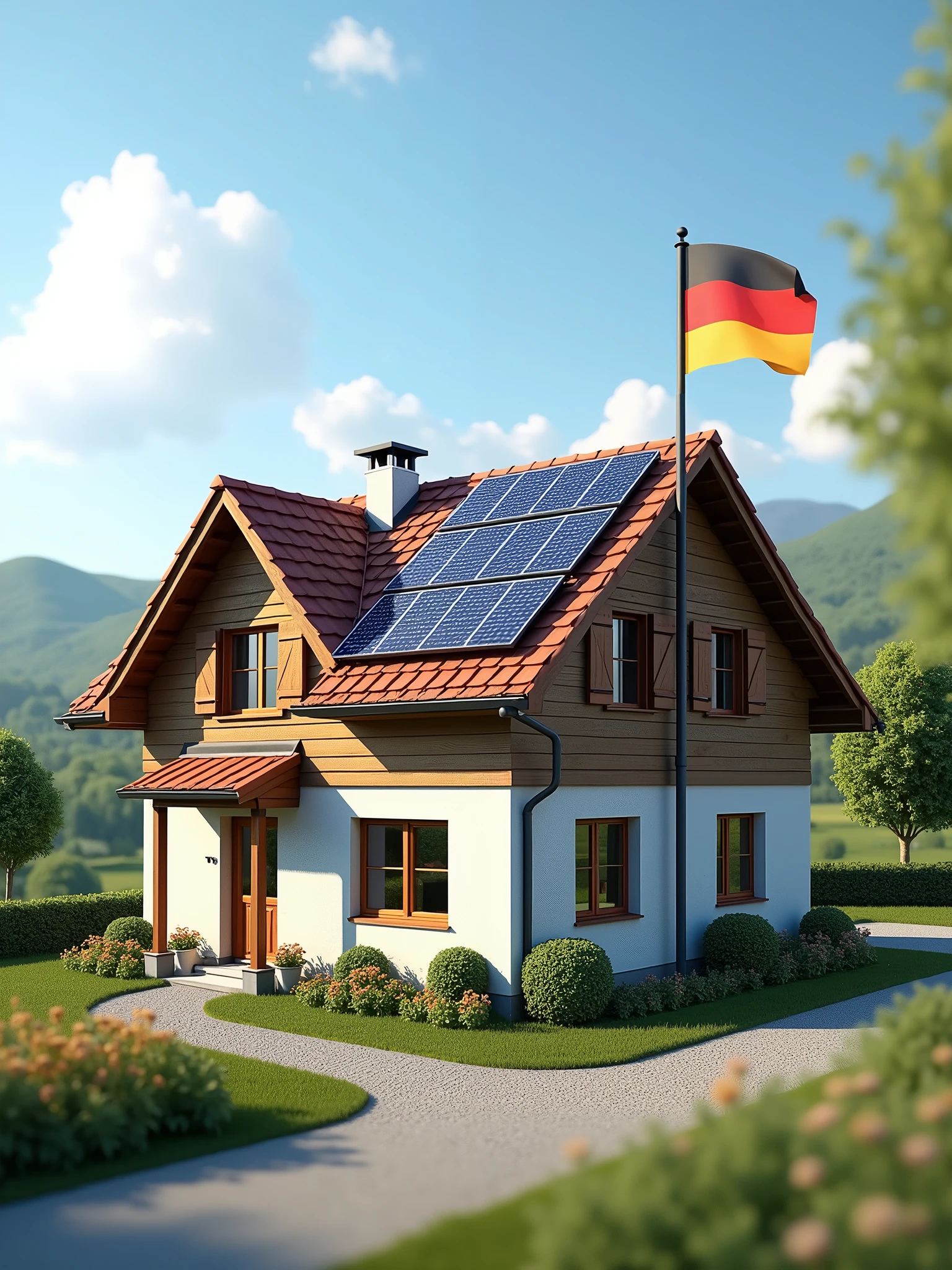 Typical German house with solar panels on the roof and a German flag on the flagpole