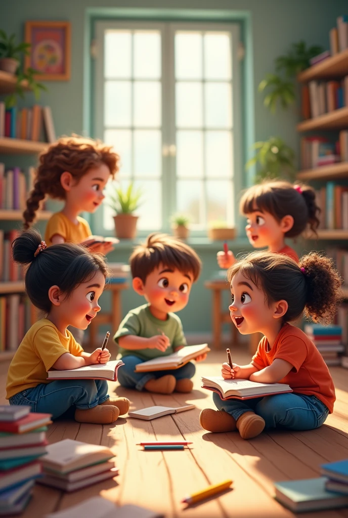 CREATE A PICTURE WITH CHILDREN, BOOKS AND PENCIL FOR LANGUAGE AND LITERATURE COVER