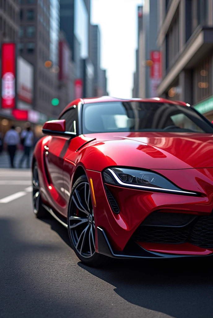 A red Toyota with a side panel 