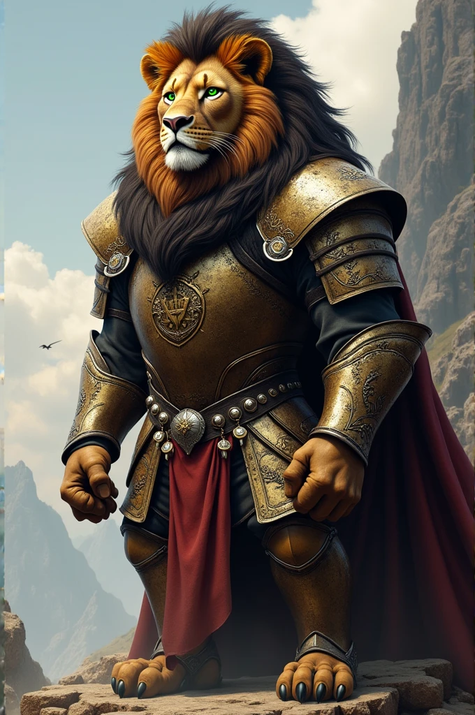 A majestic male lion, standing tall and proud. He has a deep brown mane with streaks of black, and his eyes are a striking combination of green and gold. His fur is a rich dark brown with a lighter underbelly. He wears a suit of gleaming knightly armor adorned with intricate engravings, and his side braids are decorated with silver and gold trinkets. The background could be a dramatic landscape, such as a rocky mountain peak or a vast, open field.