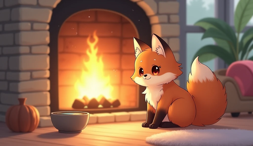 high quality image, cute little fox near a fireplace, with a bowl of water, modern anime screencap
