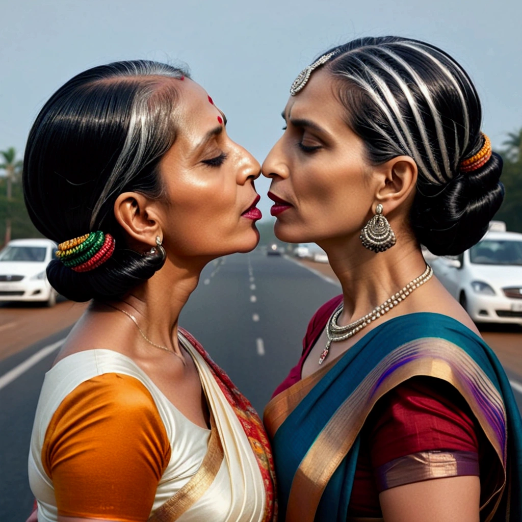 In the road, two mature indain ladies in sarees,kissing,their straight bottom curl bob length hair made in to scalp curl slick multiple small small ponytails are 10 liters of oil poured over their hairs making slick shinning like mirrors,tongues are highly visible,Hairs strictly as per image,Stricly as per the image,