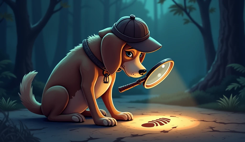 logo with this description a detective dog with a large magnifying glass, examines a track on the ground, while a footprint lights up under the lens.