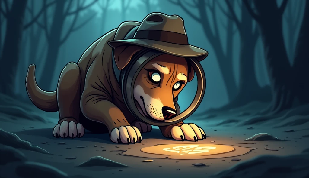logo with this description a detective dog with a large magnifying glass, examines a track on the ground, while a footprint lights up under the lens.