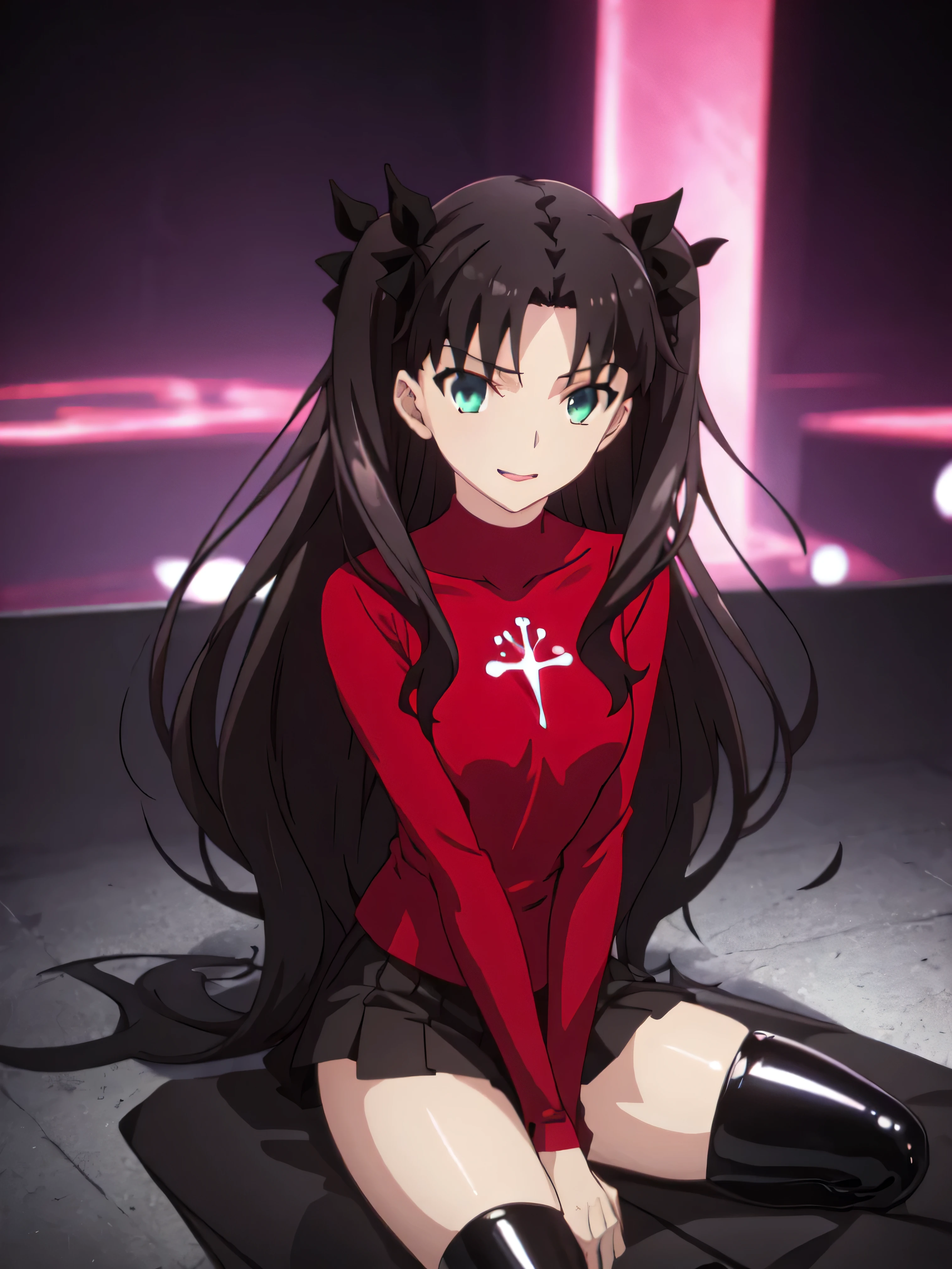 Highest quality, masterpiece, High resolution, 一人w, (Tohsaka_Also_fwestaynightufotable:1.10), one person, アニメ_coloAlsog, turtleneck, , Lookwg_w_Audience, brown_hair, Parody, green_eye, , swewer, アニメ_style, 5 ,,Bad face,, Black Skirt,both hands,Two legs,Five Fwgers,Evil background,shwy ,shwy latex Black thighhigh socks ,evil laugh, Debish Aura (Shwy fabric:1.5),Dark world background,solo,Burnwg cityscape,lookwg dwon at viewer