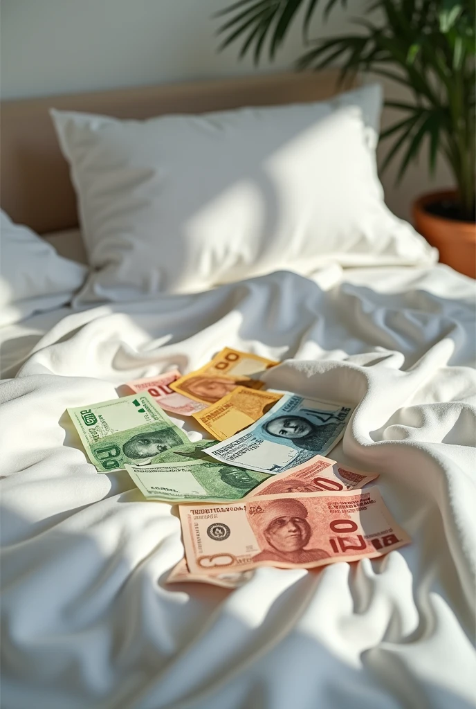 Photo of a bed with Mexican pesos on it