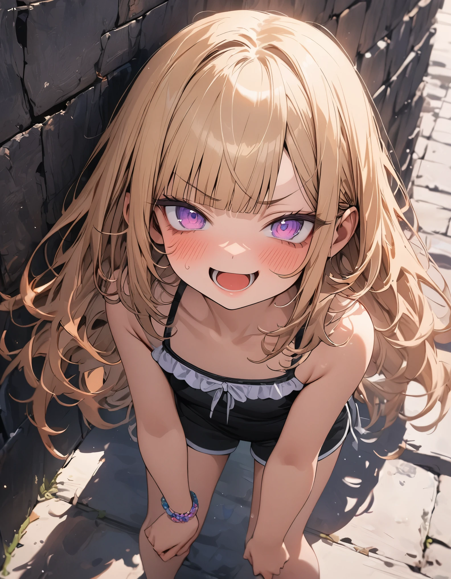 ((Masterpiece)), ((best quality)), (super detail:1.2), (High Definition:1.3), ((extremely detailed)), (8K), (Professional Photography:1.2), (very aesthetic:1.2), (absurdres:1.2), (sharp focus), (perfect light), (drop shadow), (()), cute young Girl, Glossy straight hair, (loose blunt bangs), blonde hair with red, ((red streaked hair)), highlights hair, ((face with raised eyebrow)), (glitter eyes), long hair, big eyes, (Beautiful amethyst eyes), blush, ((open mouth)), (smug), put on rouge, (hyper deformed face:1.3), BREAK, ((best quality)), (Cute ruffled bikini), dolphin shorts, (bare arms), Fine gemstone bracelet, ((raise fist)), (colorful), cute makeup, ((against the Old wall)), (cute cheeks), glossy lips, pouty lips, bags under the eyes, (lower eyelashes), tilt head to the side, (detailed background:1.2), newest, clear line,