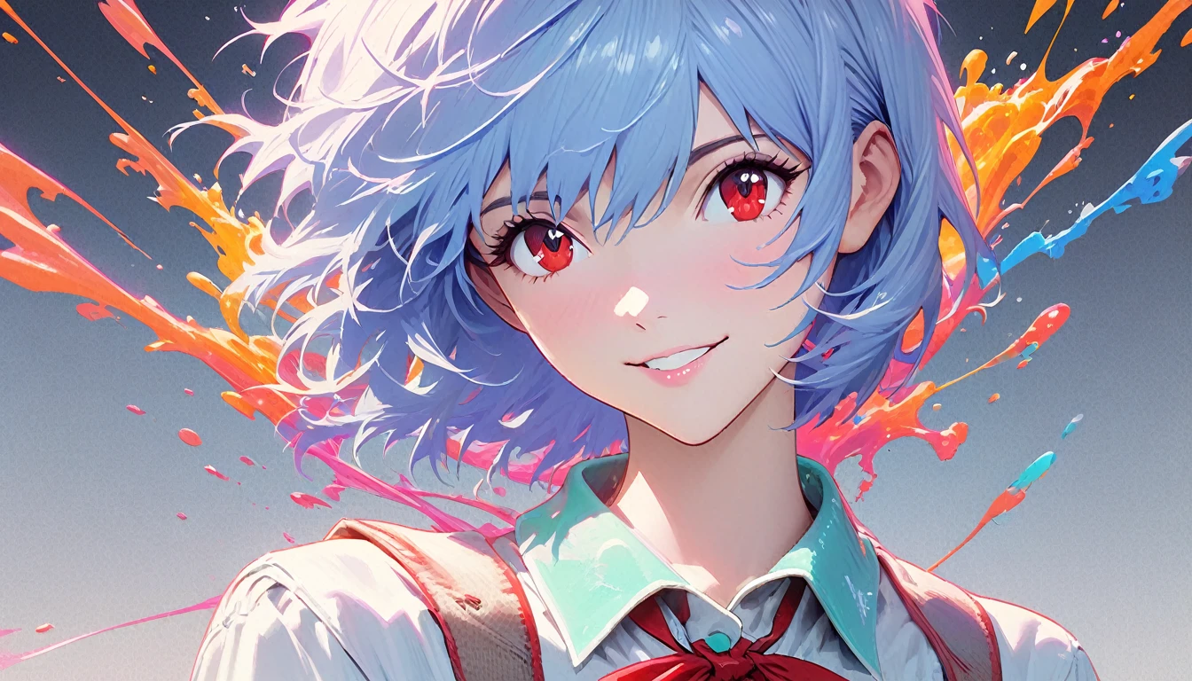 Masterpiece Portrait of Smiling Rei Ayanami (Neon Genesis Evangelion), Neon Genesis Evangelion (Hideaki), Caustics, High resolution illustration, Red eyes, feminine, no students, blue hair, short hair, Japanese school, loafers, spook, Synthwave, paint splashs, Shadow flat illustration, The art of math, Popular topics on ArtStation, Very detailed, fine details, complex, splash, transcend, Auto parts, neon color