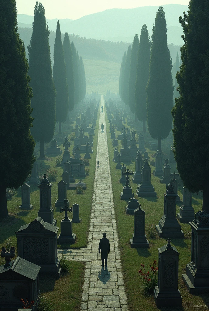 creates an image of an extended cemetery
