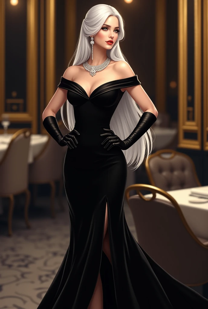 A woman with long straight white hair,She will wear an elegant black off-the-shoulder dress and will wear a diamond necklace and black gloves.,she will be in a refined restaurant with gold details,I want her standing and posing with her hand on her waist and I want her to wear a really long dress