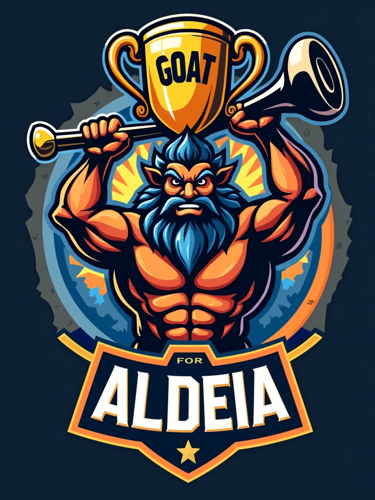 Create a sports logo with the name ALDEIA featuring a Tupi god of thunder mascot holding a trophy with 'GOAT' written on it.