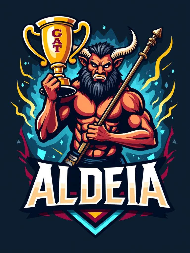 Create a sports logo with the name ALDEIA featuring a Tupi god of thunder mascot holding a trophy with 'GOAT' written on it.