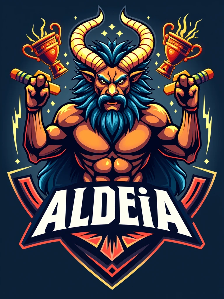 Create a sports logo with the name ALDEIA featuring a Tupi god of thunder mascot holding a trophy with 'GOAT' written on it.