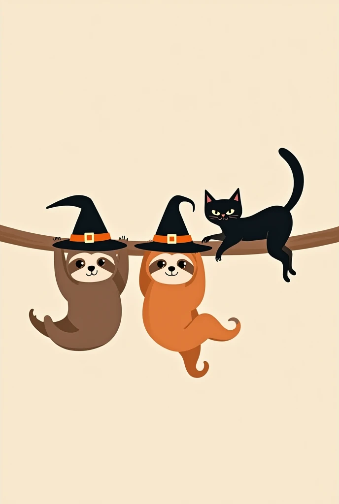 Create a fun and playful vector illustration of three sloths hanging from a wooden bar, each wearing a witch's hat. The sloths should be designed in a simple, cartoonish style with rounded shapes and flat, solid colors, such as warm browns and soft oranges. Each sloth wears a black witch’s hat to introduce a Halloween theme. A sleek black cat should be depicted climbing along the wooden bar, providing contrast against the sloths and adding dynamic movement to the scene. The background should be a soft, neutral pastel color, like pale beige, to allow the characters to stand out. The overall design should be minimalist, focusing on clean lines, simple shapes, and a friendly, inviting atmosphere.