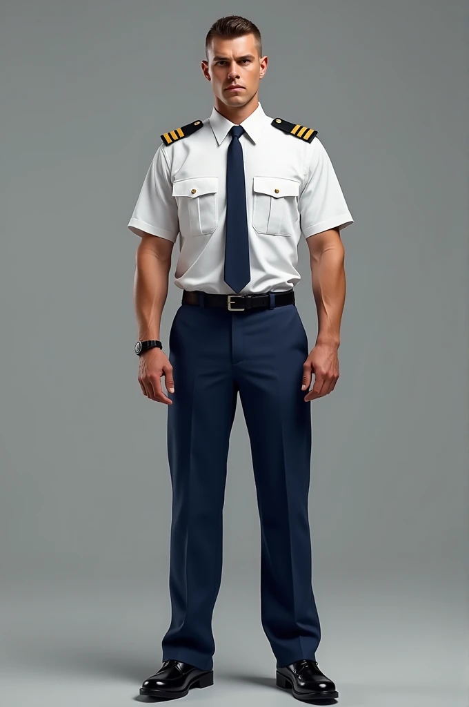 A man with a military bearing, short hair, white shirt with short sleeves, Navy blue tie, Marine blue pant, black belt and shoes 