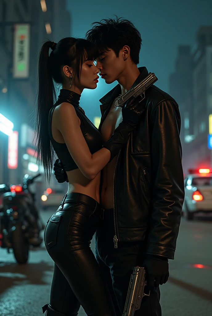 black hair, young skinny asia girl, full body, black leather jacket, black low rise leather pants, black leather overknee boots, black gloves, topless, pump gun in hand, kissing a boy, cigarette, street by night, next to bike, dead man in background, police car in background
