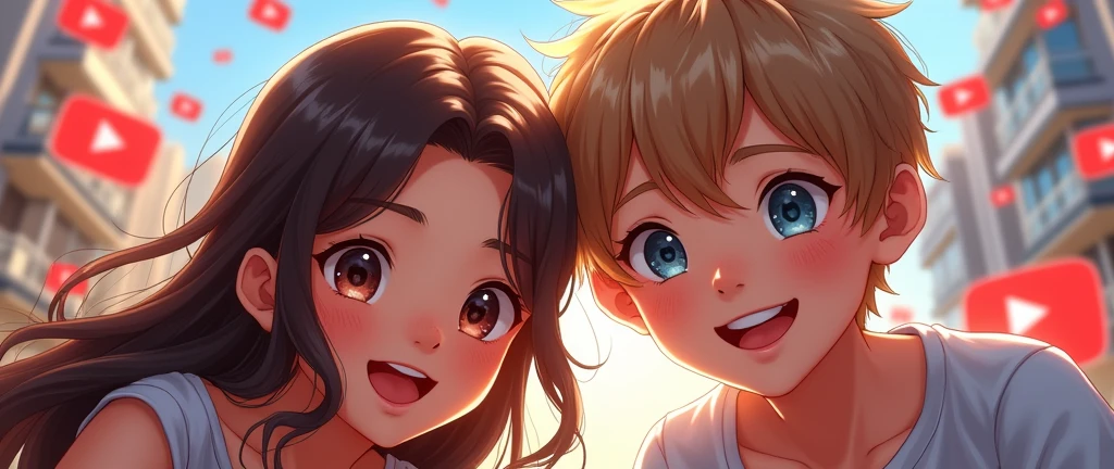 a girl young with long, wavy brown hair and tanned skin. She has brown light eyes. She is smiling brightly and a Young boy. He has light skin, short light brown hair with bangs. Blue eyes. He is smiling brightly, anime girl and anime boy, youtube logo,youtube logo in air,dynamic composition,playful,high quality,8k,detailed,sharp focus,vibrant colors,beautiful detailed eyes,beautiful detailed lips,extremely detailed face,longeyelashes,digital painting,concept art,perfect for gamers, gaming channel