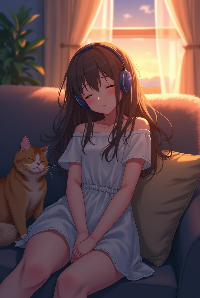 A girl with long brown hair relaxing on a sofa listening to music with headphones in a room at dusk。profile。Cute cat nearby。It's dusk outside。Japanese anime style