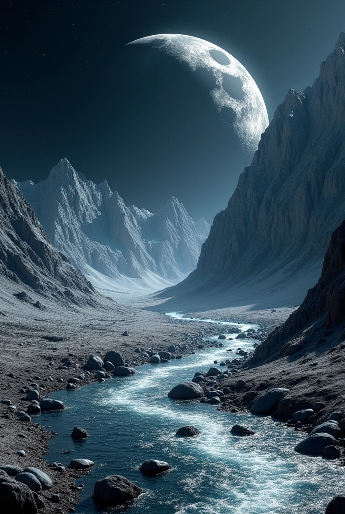 create me a moon mountains of the moon falling a river 8l, ultrarealistic