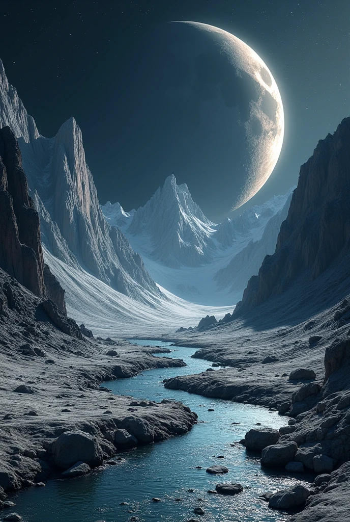 create me a moon mountains of the moon falling a river 8l, ultrarealistic