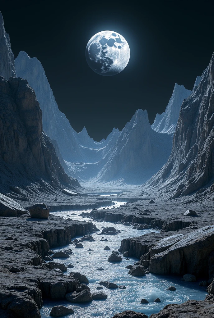 create me a moon mountains of the moon falling a river 8l, ultrarealistic