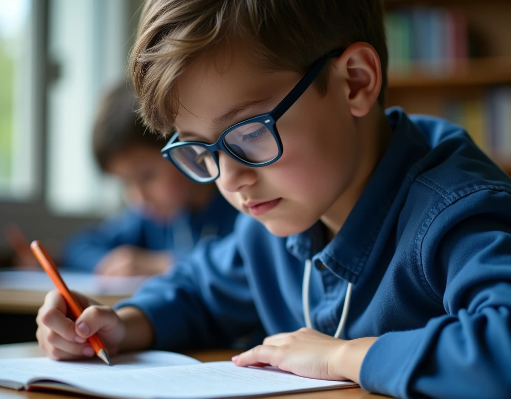 Developing cultural and intellectual skills, education according to the curricula prescribed for students , receiving information in the classroom, a close-up picture of a latin student with glases wearing a blue uniform sitting on a school desk, performing school assignments
