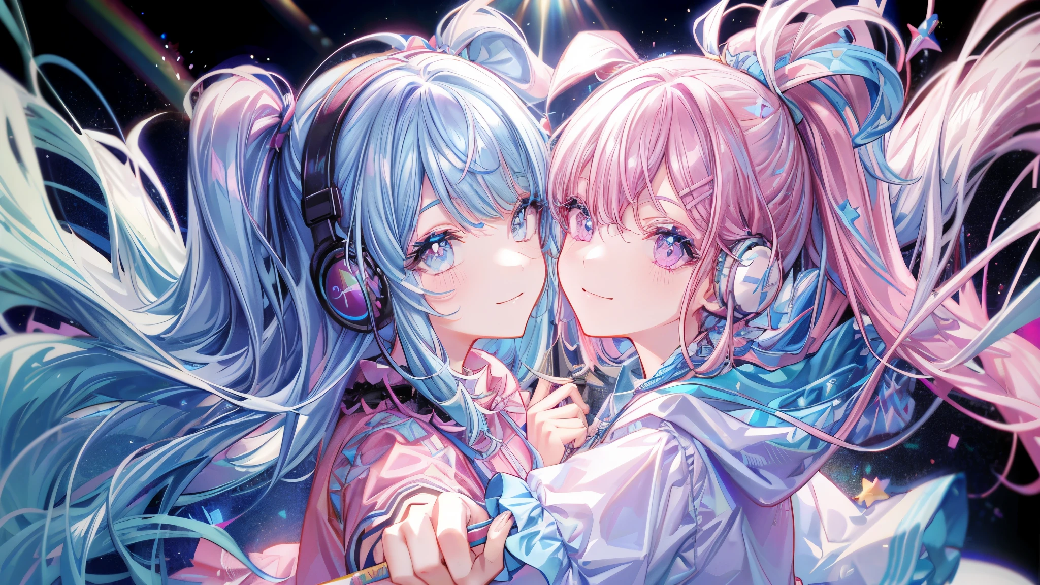twogirls,Pink and light blue hair,Paired fashion、Matching clothes、Rainbow background wall,Graffiti background,face perfect、A detailed eye、Close one eye、Stars in the eyes、piece、Headset microphone、dance、Idol、Make your audience smile、Sing with your mouth open