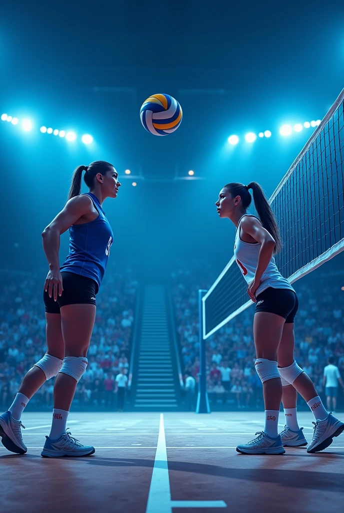 A male player and a female player on the volleyball court on different sides, both serious with a cheering section in the background. Image with serious and blue colors